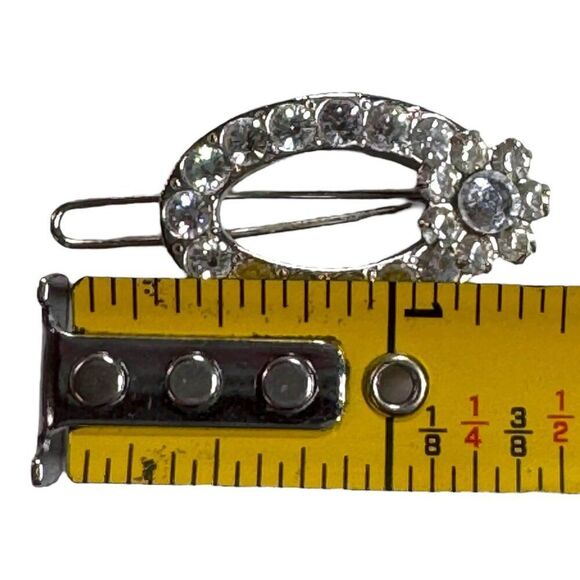 Vintage Joomi Signed Oval Hair Clip Rhinestones & Floral Accent Silver Tone 1.5" - Picture 4 of 5